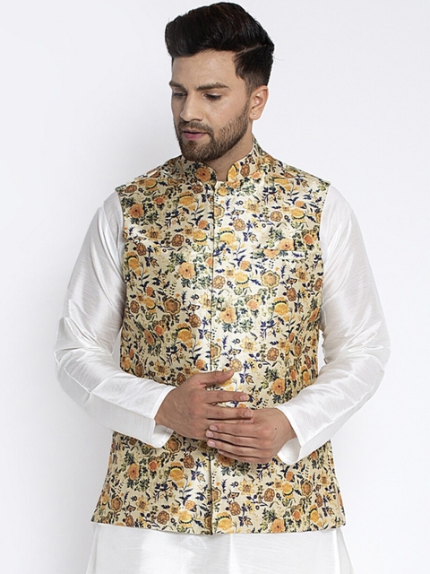 

Benstoke Men Yellow & Beige Printed Woven Nehru Jacket