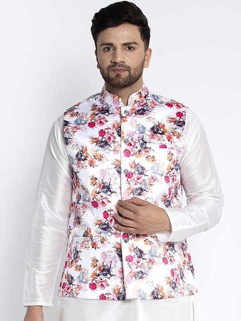 

Benstoke Men White & Pink Woven Floral Print Nehru Jacket