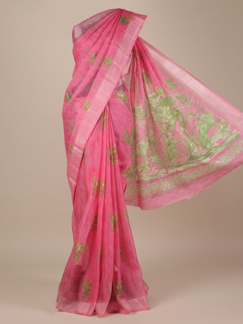 

Pothys Pink Embroidered Jute Silk Saree