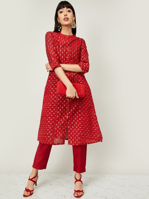 

Melange by Lifestyle Women Red Woven Design Kurta with Trousers