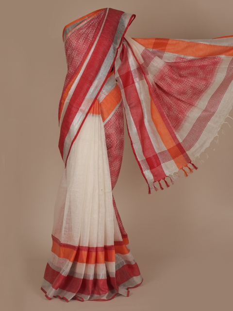 

Pothys White & Peach-Coloured Pure Linen Woven Design Saree