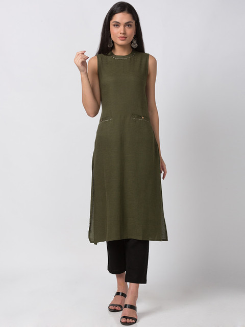 

Ethnicity Women Olive Green Solid A-Line Kurta