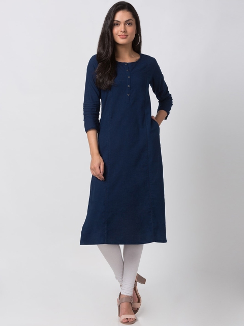 

Ethnicity Women Navy Blue Solid Straight Kurta