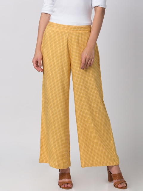 

Ethnicity Women Mustard Yellow & White Checked Wide Leg Palazzos