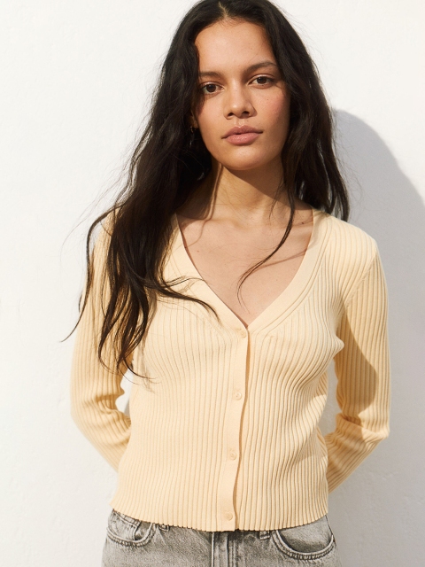 

H&M Women Pastel Yellow Rib-Knit Cardigan