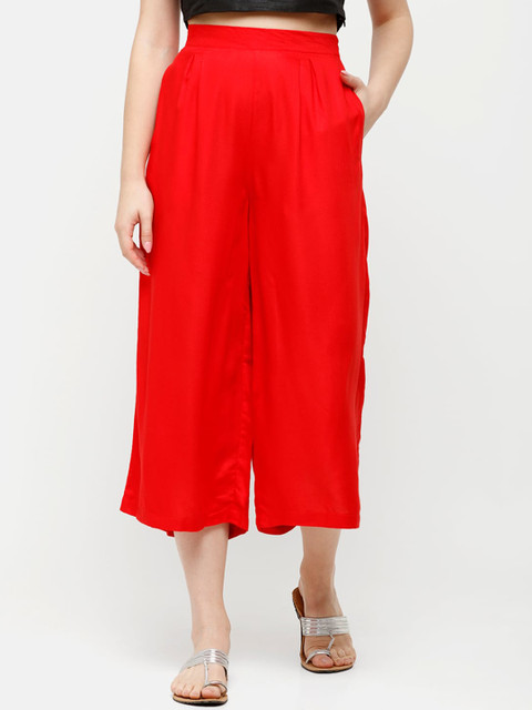 

De Moza Women Red Solid Cropped Wide Leg Palazzos