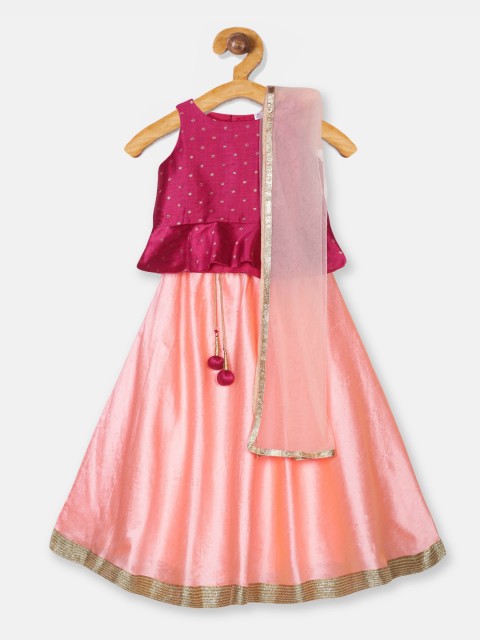 

Meringue Girls Maroon & Peach-Coloured Woven Design Ready To Wear Lehenga Choli With Dupatta