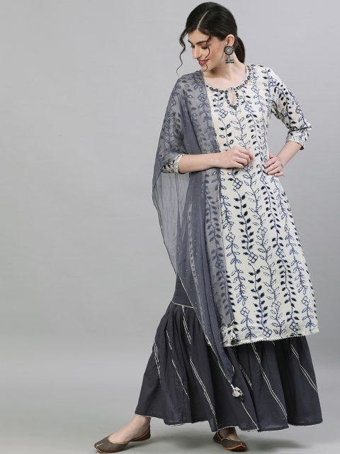 

Ishin Women Off-White & Blue Embroidered Kurta with Sharara & Dupatta
