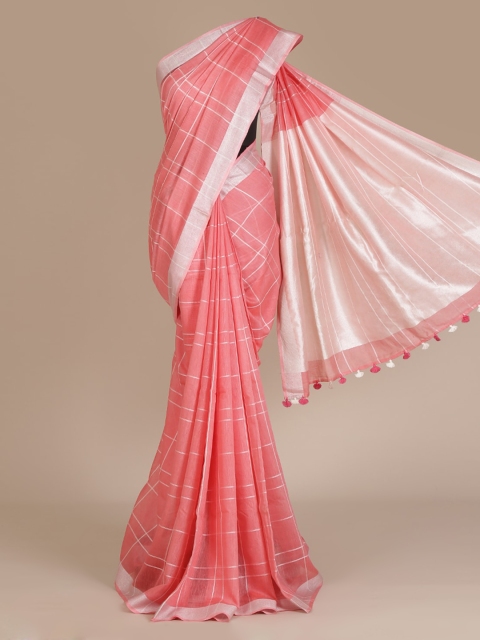 

Pothys Peach-Coloured Checked Pure Linen Saree
