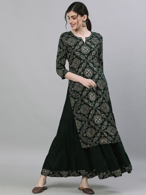 

Ishin Women Green & Beige Printed Kurta with Skirt