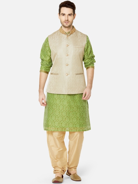

Ethnicity Men Green and Gold-Toned Printed Kurta with Pyjamas and Nehru Jacket.