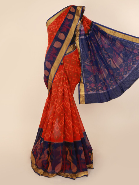 

Pothys Orange & Navy Blue Silk Cotton Printed Saree