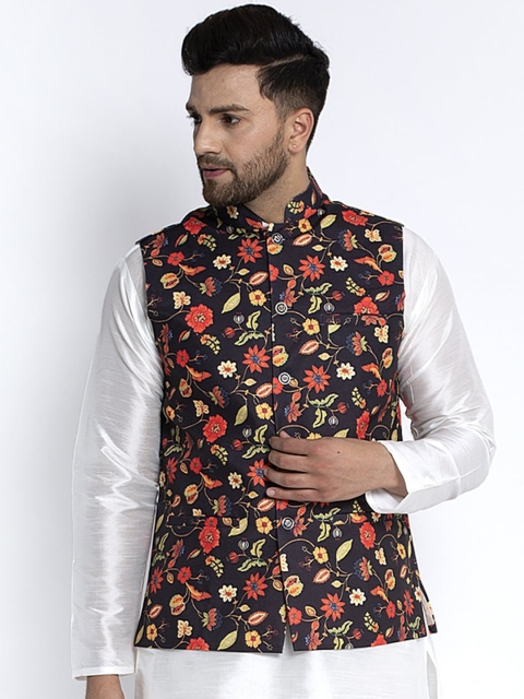 

Benstoke Men Black & Orange Woven Floral Print Nehru Jacket, Multi