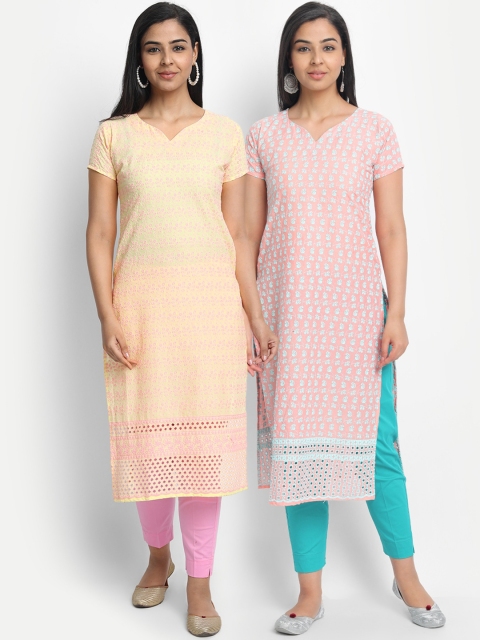 

7Threads Women Multicoloured Set of 2 Embroidered Straight Kurta, Multi