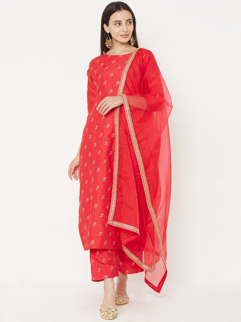 

FASHOR Women Coral Red Pink Embroidered Kurta with Palazzos & Dupatta