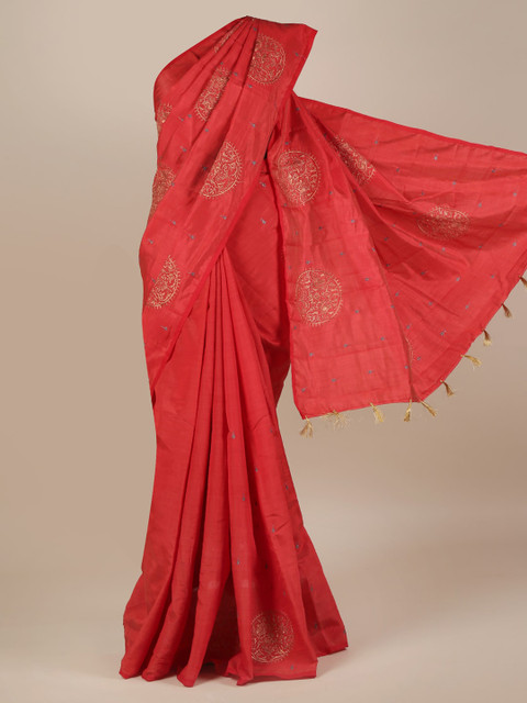 

Pothys Red Embroidered Jute Silk Saree