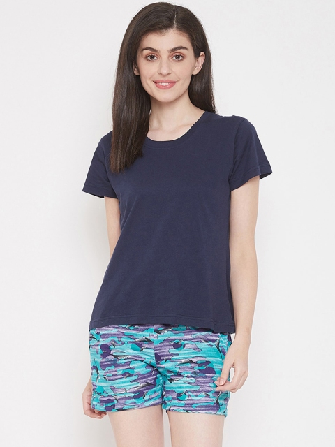 

Clovia Women Navy Blue & Purple Printed Night Suit