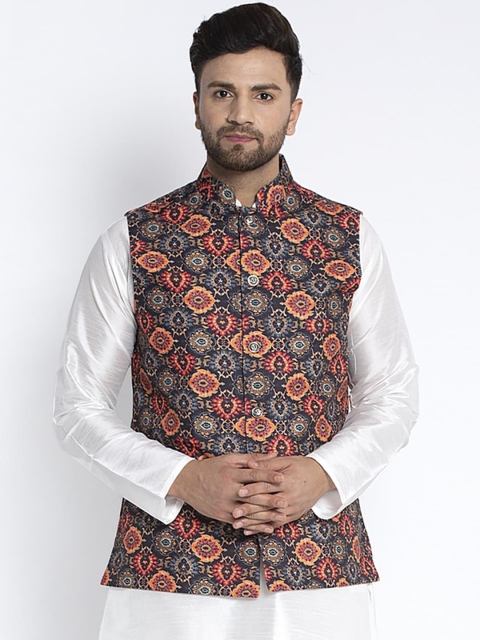 

Benstoke Men Black & Orange Woven Ethnic Print Nehru Jacket