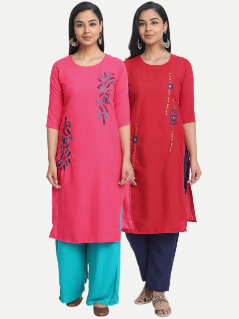 

7Threads Women Pink & Red Set of 2 Solid Straight Kurta