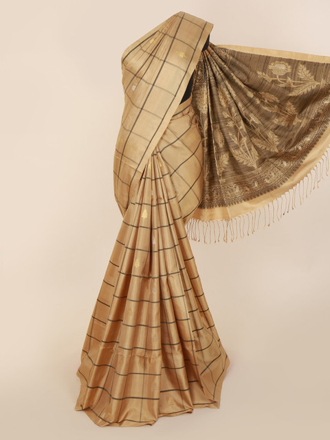

Pothys Cream-Coloured Pure Silk Checked Kanjeevaram Saree