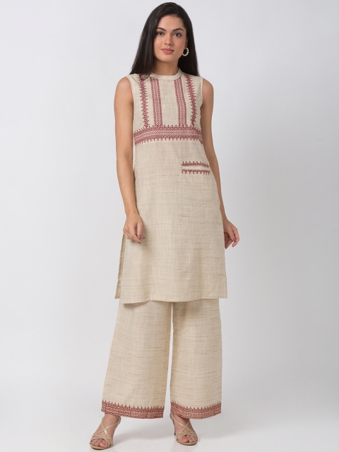 

Ethnicity Women Off-White Woven Design A-Line Kurta