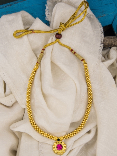 

Alankruthi Gold-Toned & Pink Artificial Stone Studded Traditional Thushi Minimal Necklace