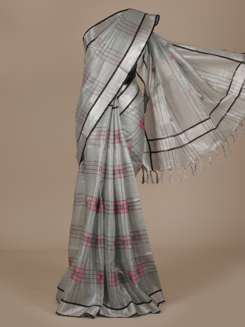 

Pothys Silver-Toned Checked Pure Linen Saree