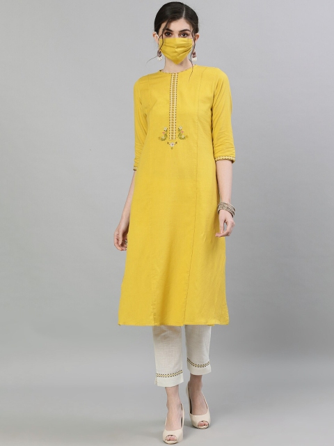

Ishin Women Yellow & Off-White Yoke Design Kurta with Trousers
