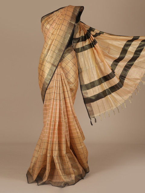 

Pothys Peach-Coloured Checked Pure Linen Saree