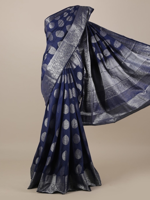 

Pothys Navy Blue & Silver-Toned Jute Silk Woven Design Saree