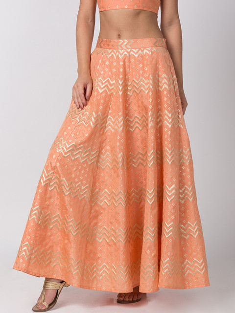 

Ethnicity Women Peach-Coloured & Gold-Coloured Foil Print Chanderi-Jacquard Flared Maxi Skirt