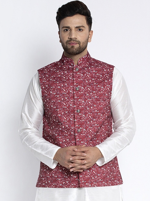 

Benstoke Men Maroon & White Printed Woven Nehru Jacket