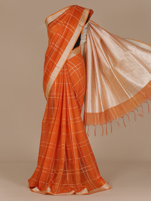 

Pothys Orange Checked Pure Linen Saree