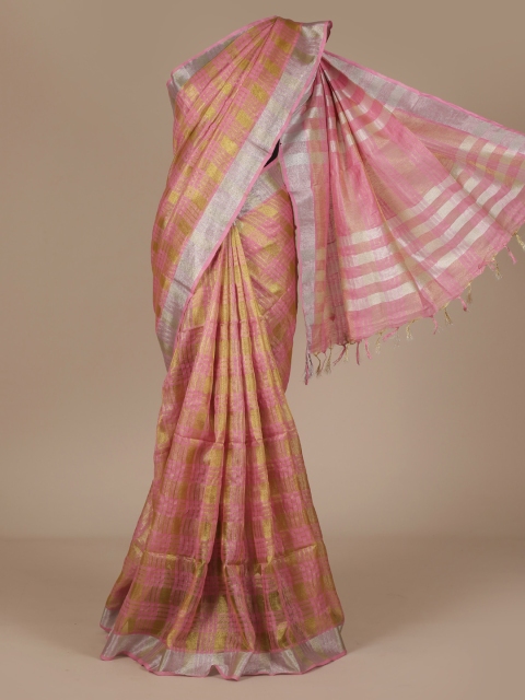 Pothys Pink & Gold-Toned Pure Linen Striped Saree