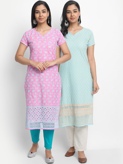

7Threads Women Multicoloured Set of 2 Embroidered Straight Kurta, Multi