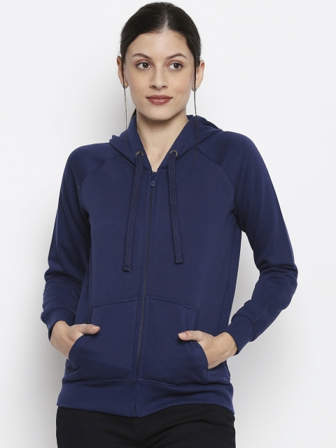 

People Women Navy Blue Solid Cotton Hooded Sweatshirt