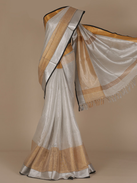 

Pothys Silver-Toned & Brown Pure Linen Colourblocked Saree