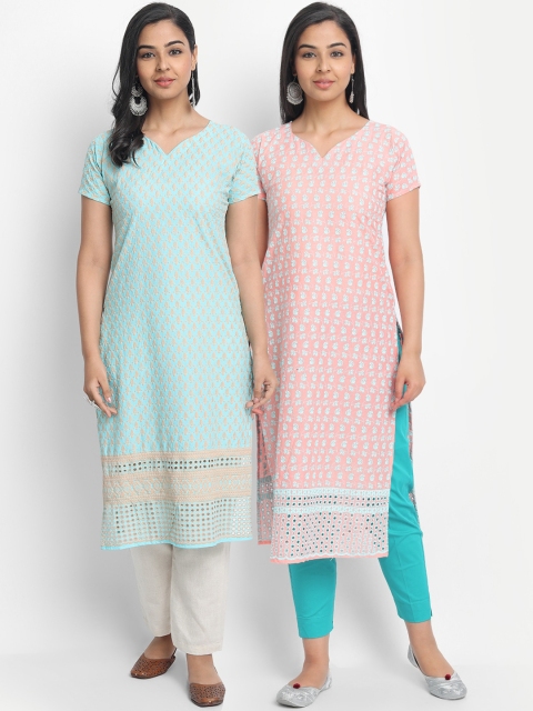 

7Threads Women Multicoloured Set of 2 Embroidered Straight Kurta, Multi