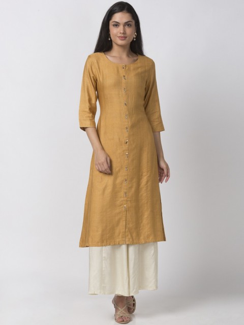 

Ethnicity Women Mustard Yellow Striped Straight Kurta