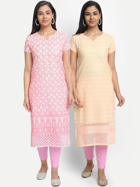 

7Threads Women Multicoloured Set of 2 Embroidered Straight Kurta, Multi