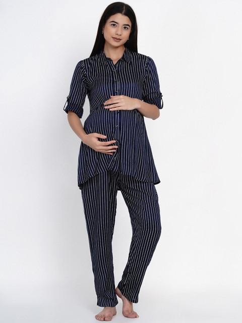 

Mine4Nine Women Navy Blue & White Striped Maternity Night suit