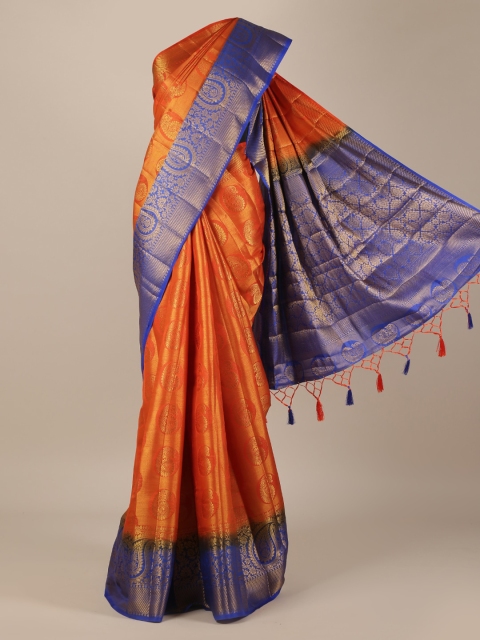 

Pothys Orange & Blue Jute Silk Printed Saree