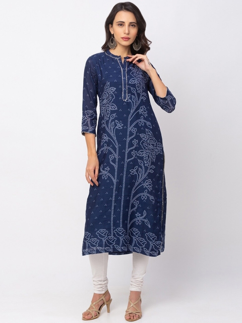 

TANKHI Women Blue & White Floral Printed Straight Kurta