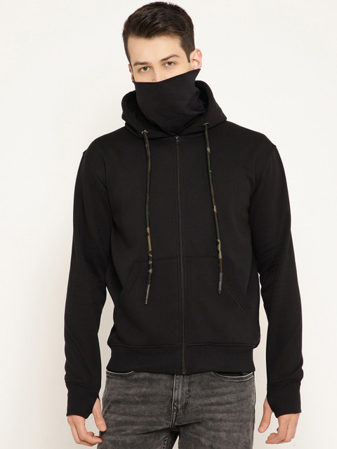

PUNK Men Black Solid Hooded Sweatshirt