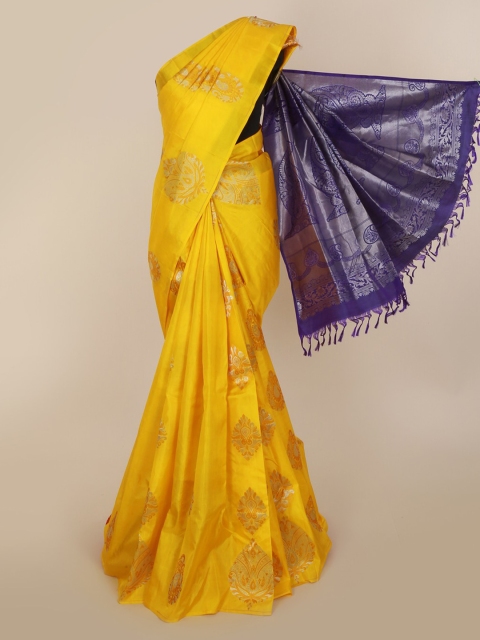 

Pothys Yellow & Navy Blue Pure Silk Woven Design Kanjeevaram Saree