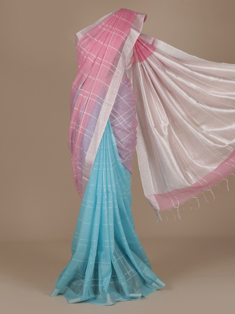 

Pothys Pink & Blue Pure Linen Checked Saree