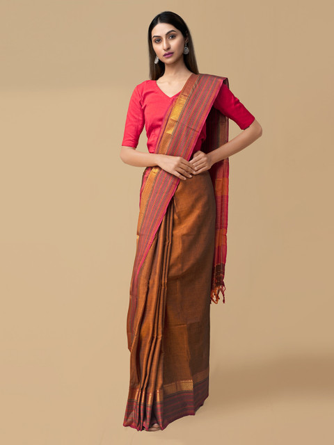 

Unnati Silks Orange Pure Cotton Solid Handloom Narayan Peth Saree