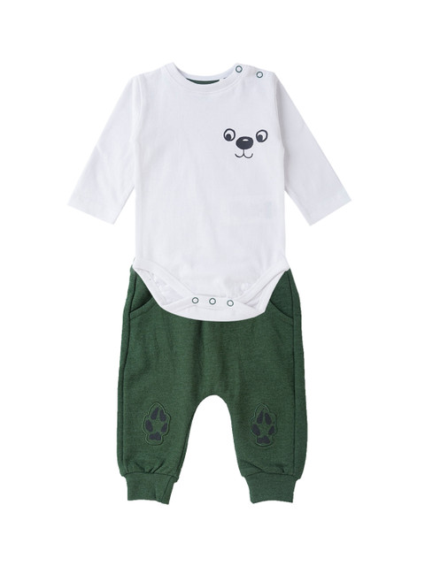 

5.10.15 Infant Boys White & Olive Green Printed Bodysuit With Joggers