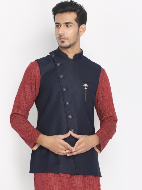 

Manyavar Men Navy Blue Woven Design Nehru Jacket