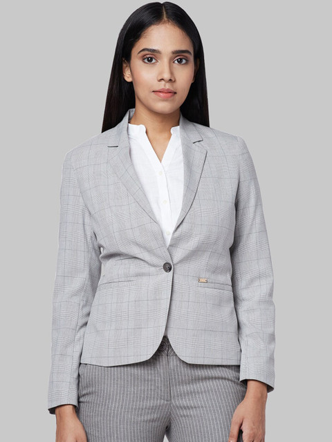 

Park Avenue Woman Grey & White Checked Single-Breasted Blazer